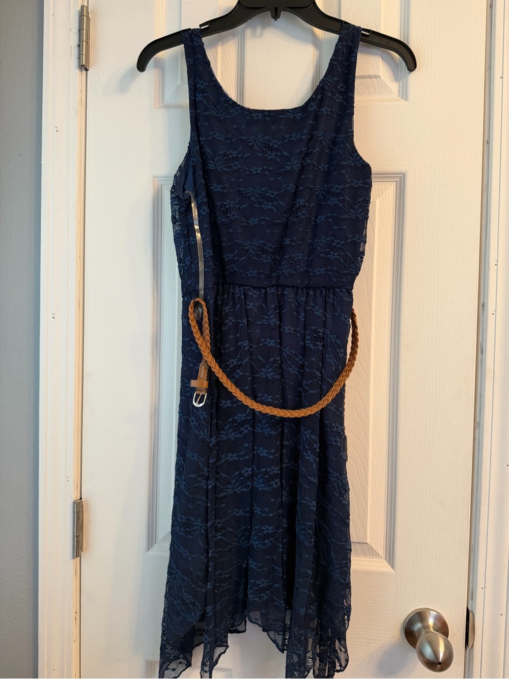 Navy Lace Sleeveless Midi Dress with Braided Belt